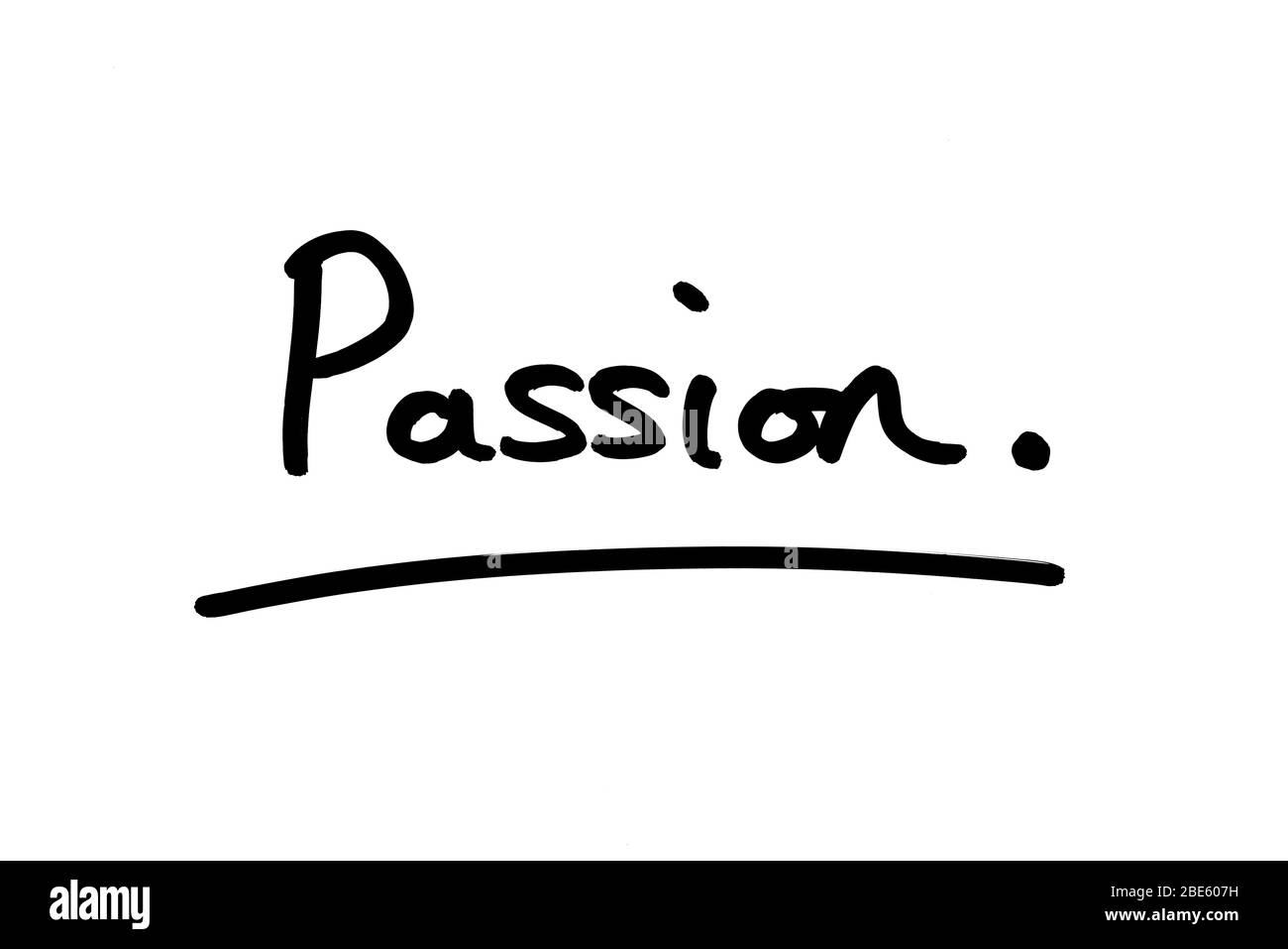 The word Passion handwritten on a white background. Stock Photo