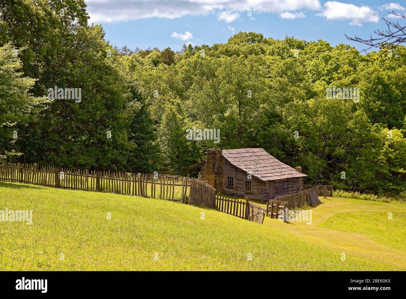 rural scene, old log cabin, wood picket fence, trees, grassy field