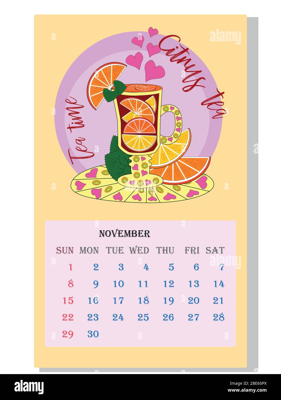 Drinks calendar with seasonal dessert drawings of various tea, coffee
