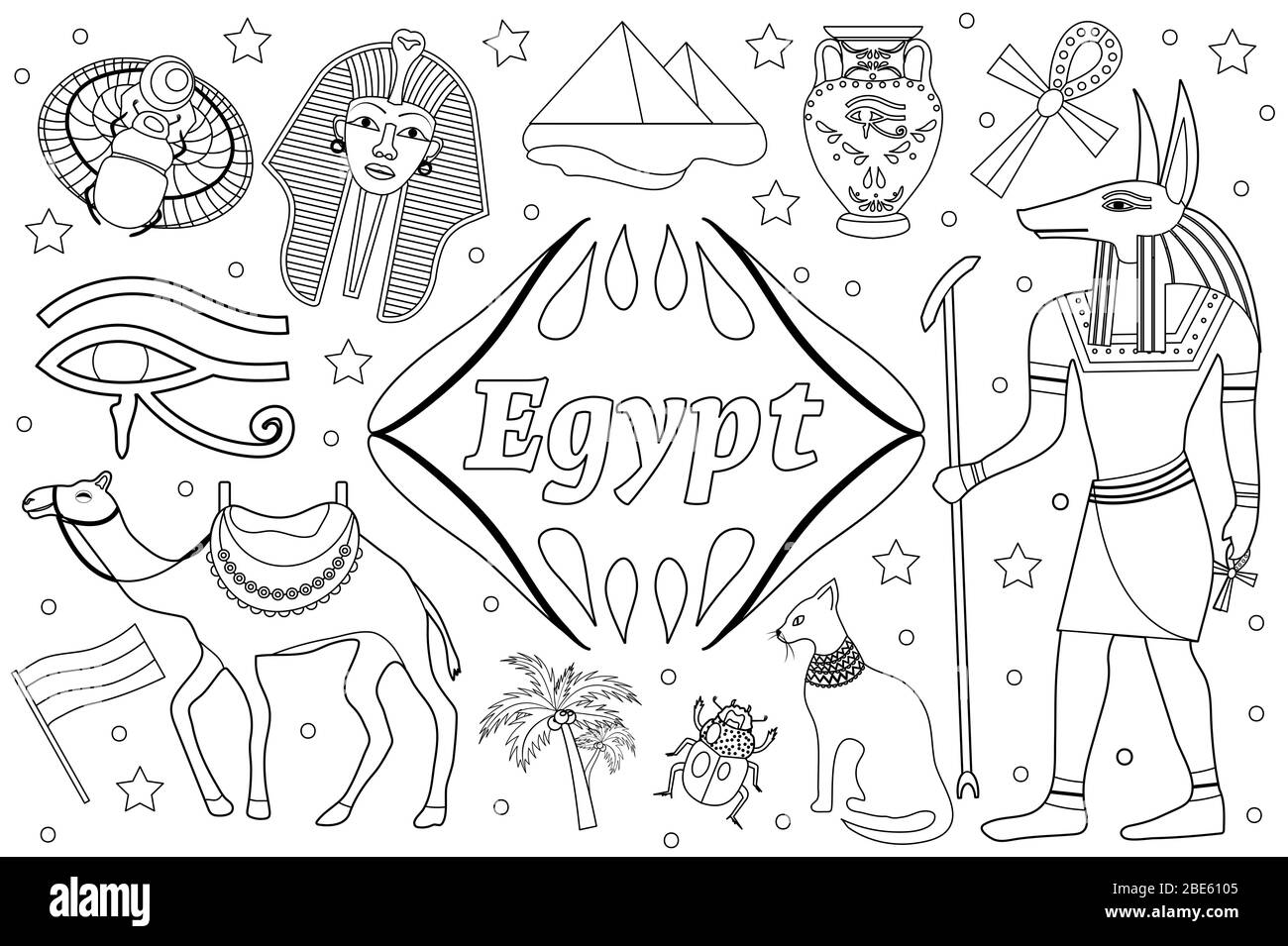 Ancient magic Egypt set objects objects. Coloring book page for kids. Collection design elements witch sorrow beetles, pharaoh, pyramid, ankh, anubis Stock Photo