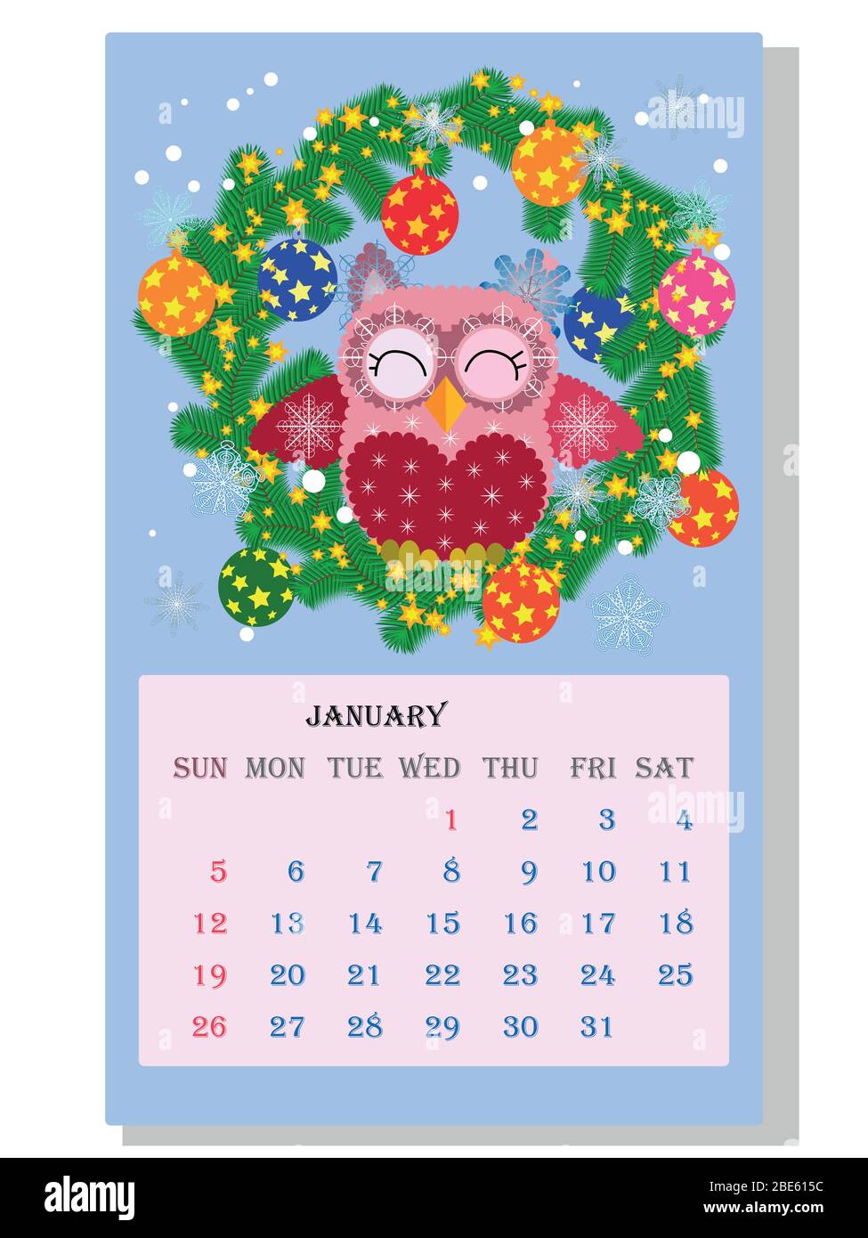 Calendar 2021. Cute calendar with funny cartoon owls Stock Vector