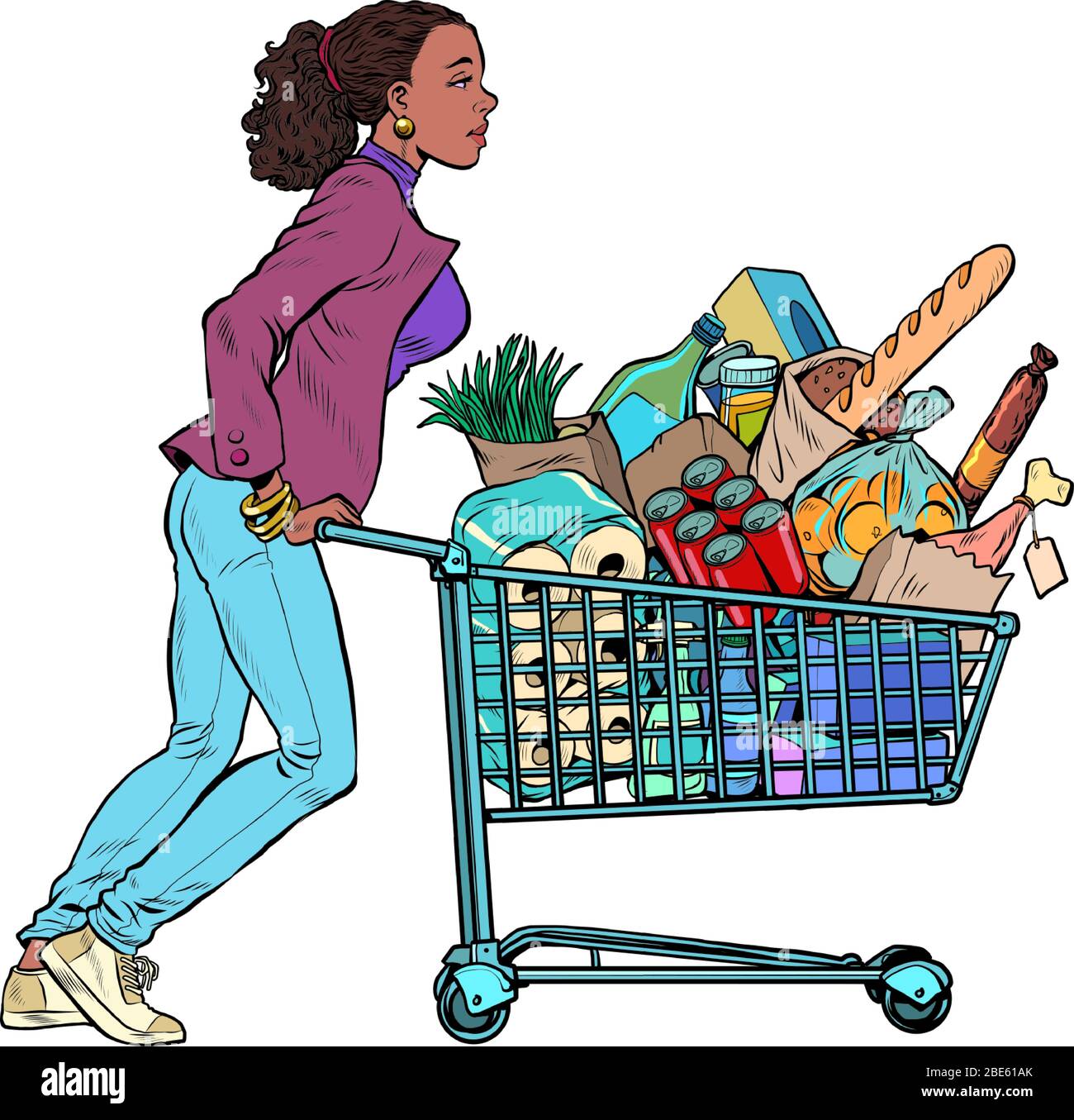 African woman with a full grocery cart Stock Vector