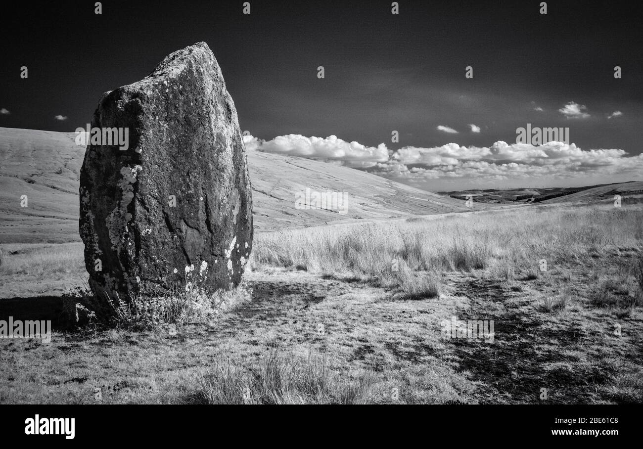 Maen Lila standing stone in infra red Stock Photo
