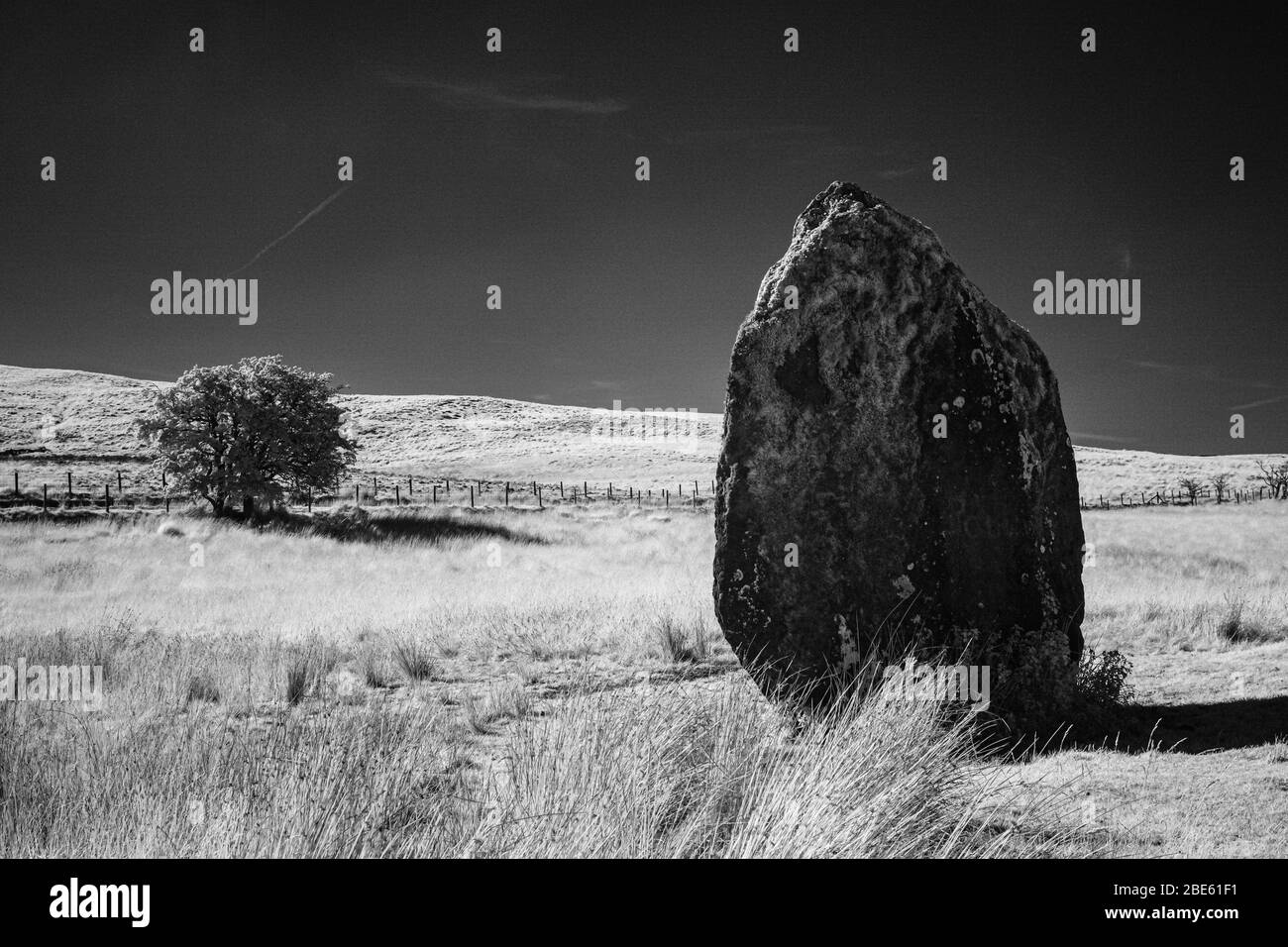 Maen Lila standing stone in infra red Stock Photo