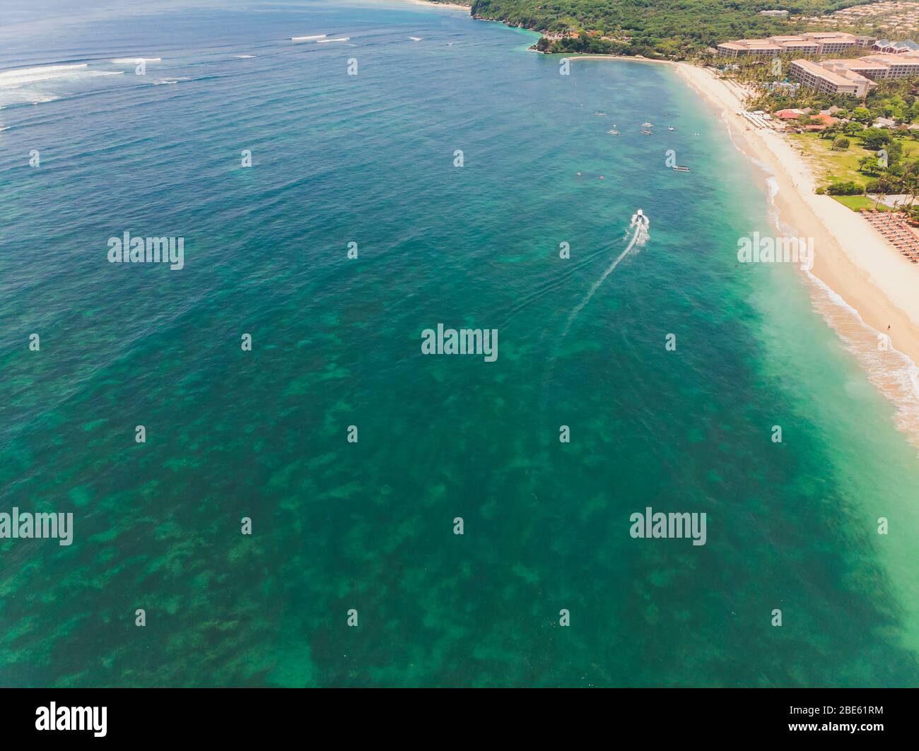 beautiful turquoise ocean water with boat on it top view aerial photo ...