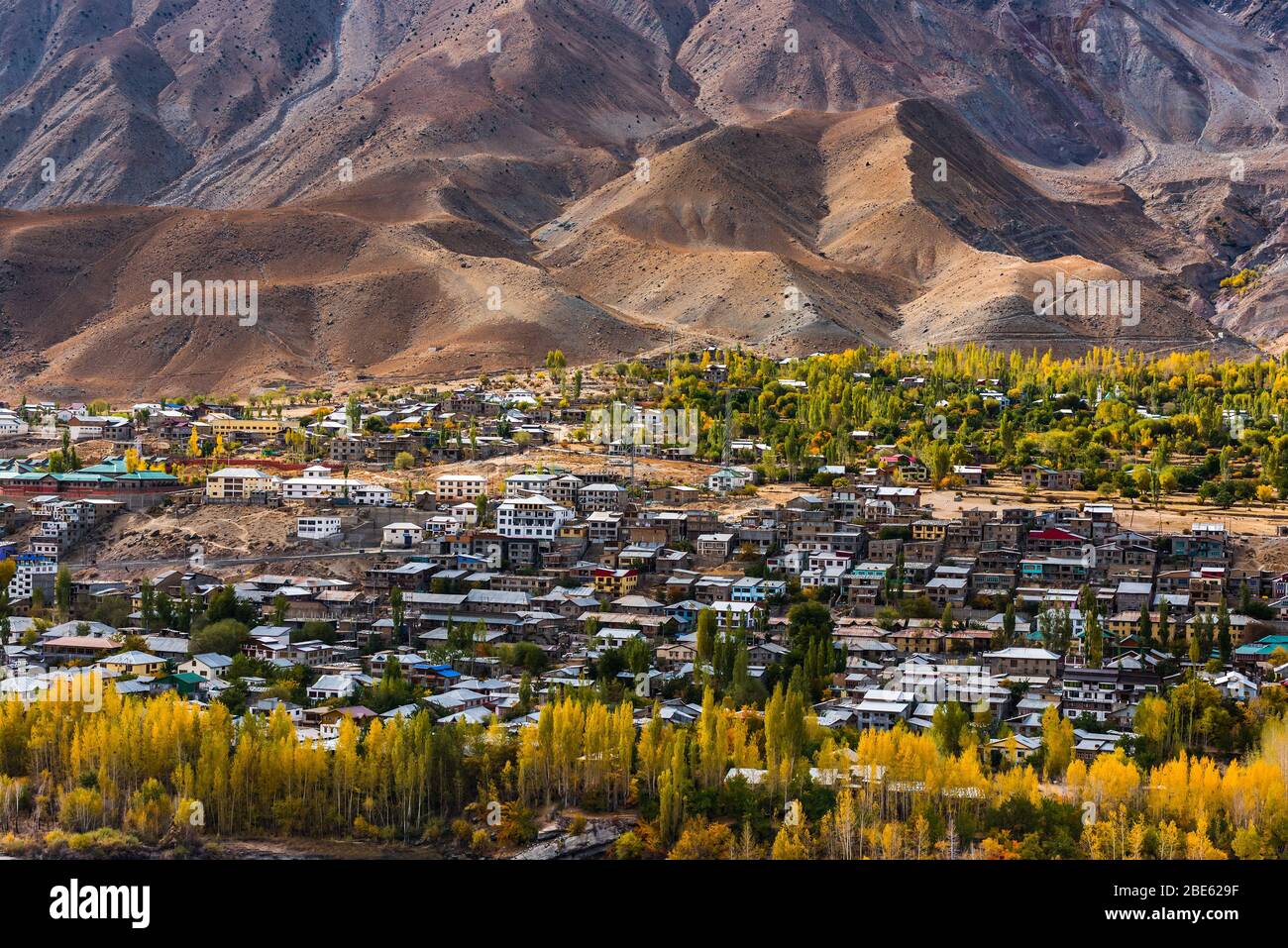 Leh city is a town in the Leh district of the Indian state of Jammu and Kashmir. It was the capital of the Himalayan kingdom of Ladakh. Stock Photo