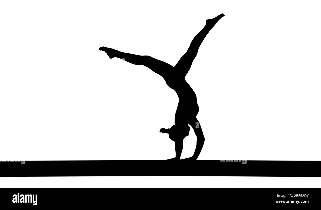 girl gymnast handstand exercise on balance beam. isolated black silhouette Stock Photo