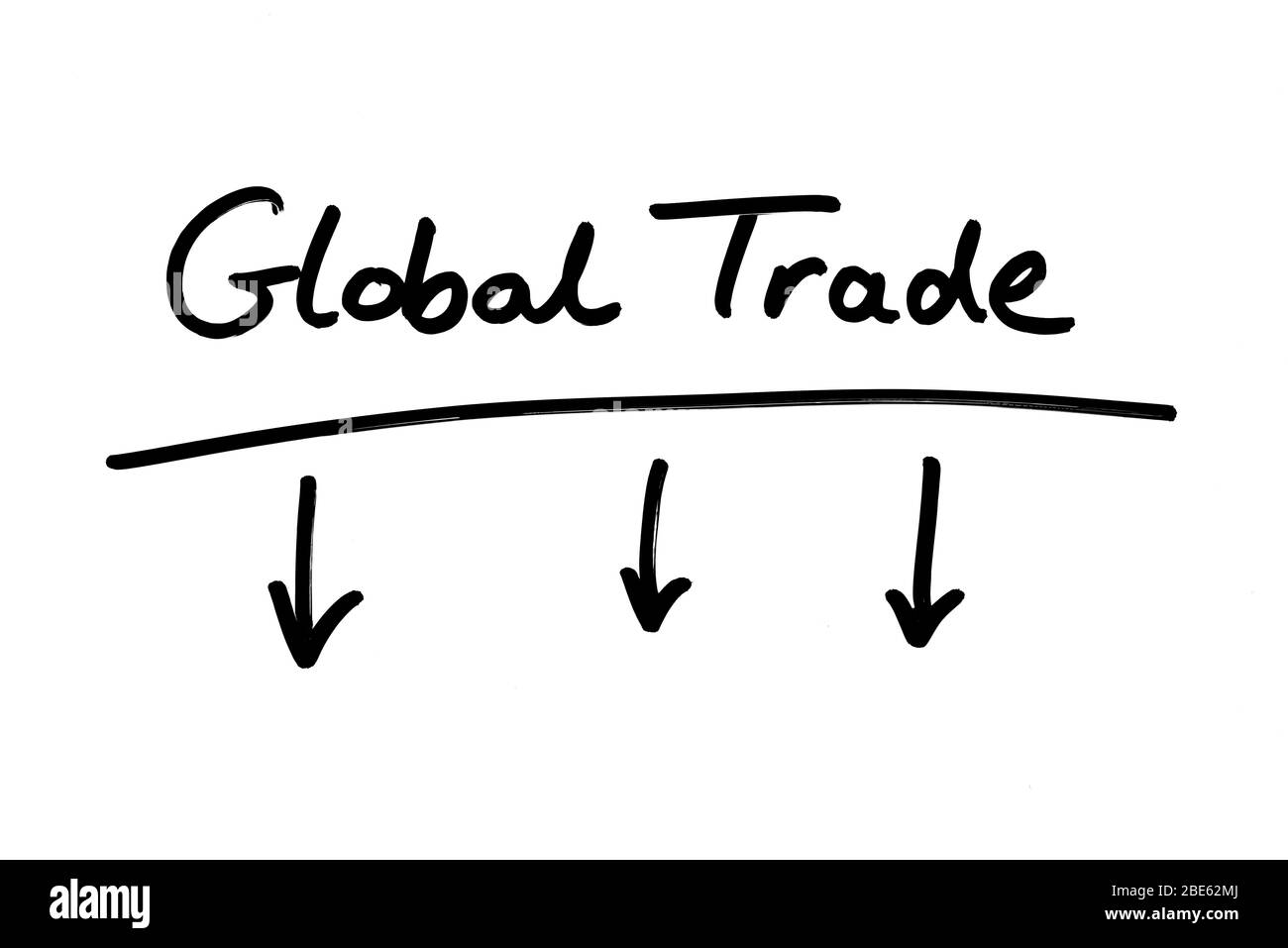Falling Global Trade handwritten sign on a white background. Stock Photo