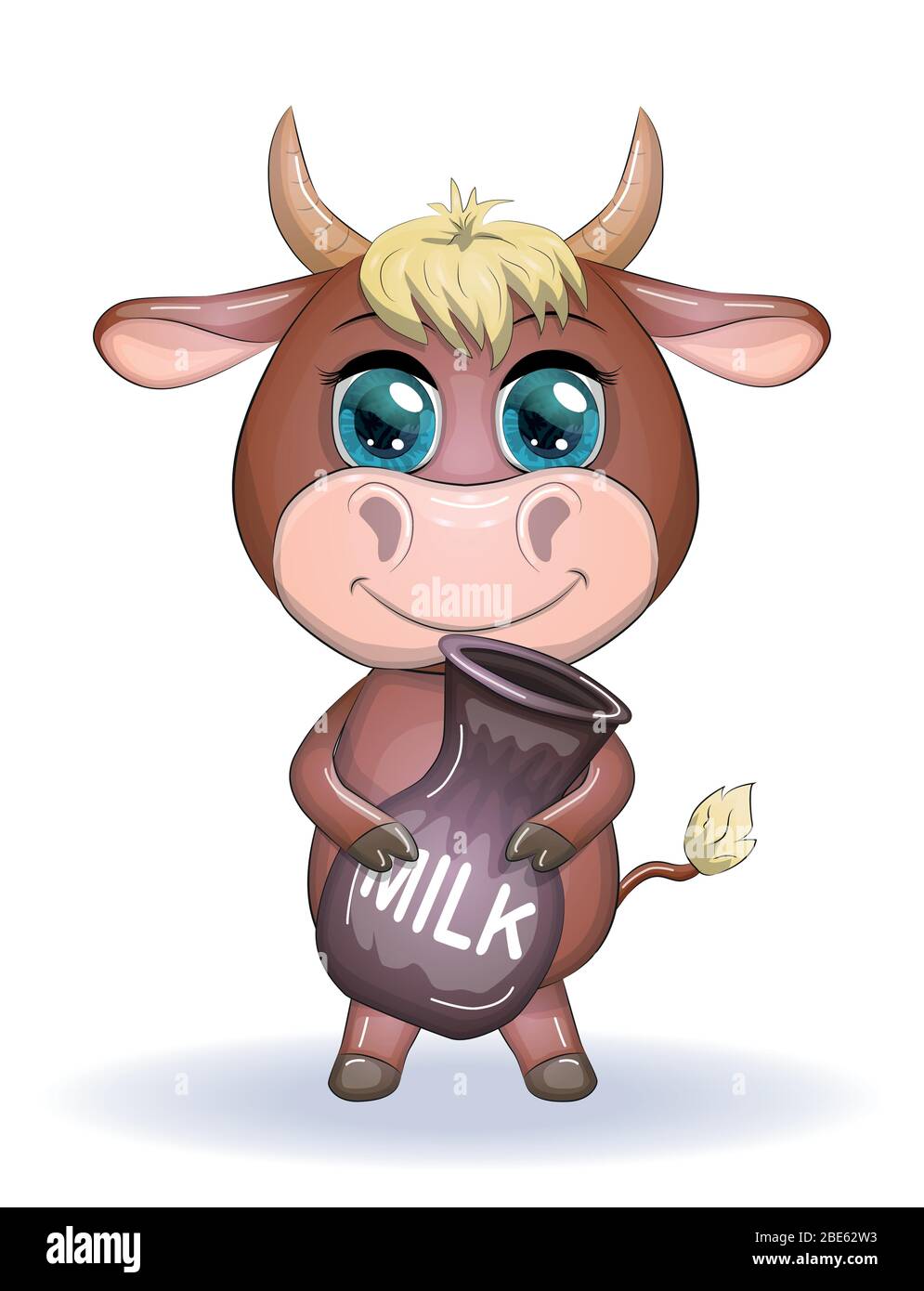 Cute cartoon cow, bull with a jug of milk, symbol 2021 on the eastern