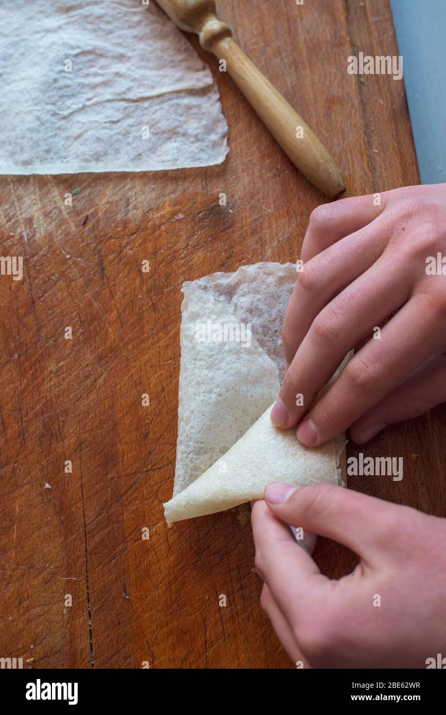 Making Samosas at home ,cooking as a hobby or pastime.. lockdown. Stock Photo