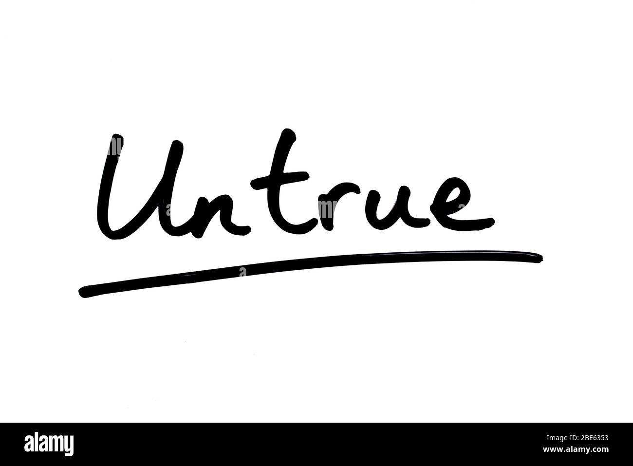 The word Untrue! handwritten on a white background. Stock Photo