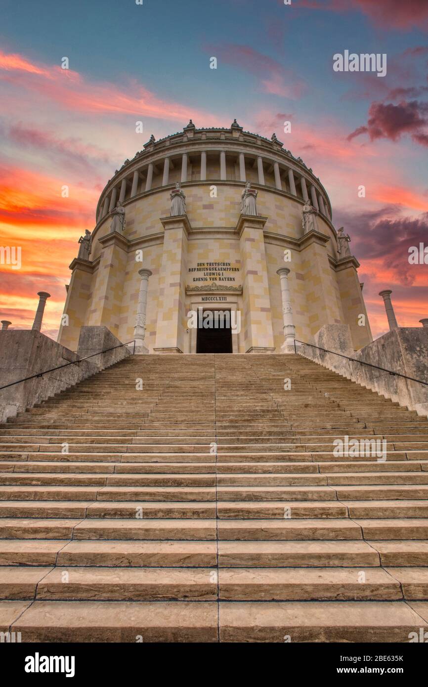 Looking up to the gate of the Liberation Hall on Michelsberg, a historic and popular sight near Kehlheim, Regensburg, Bavaria, Germany Stock Photo