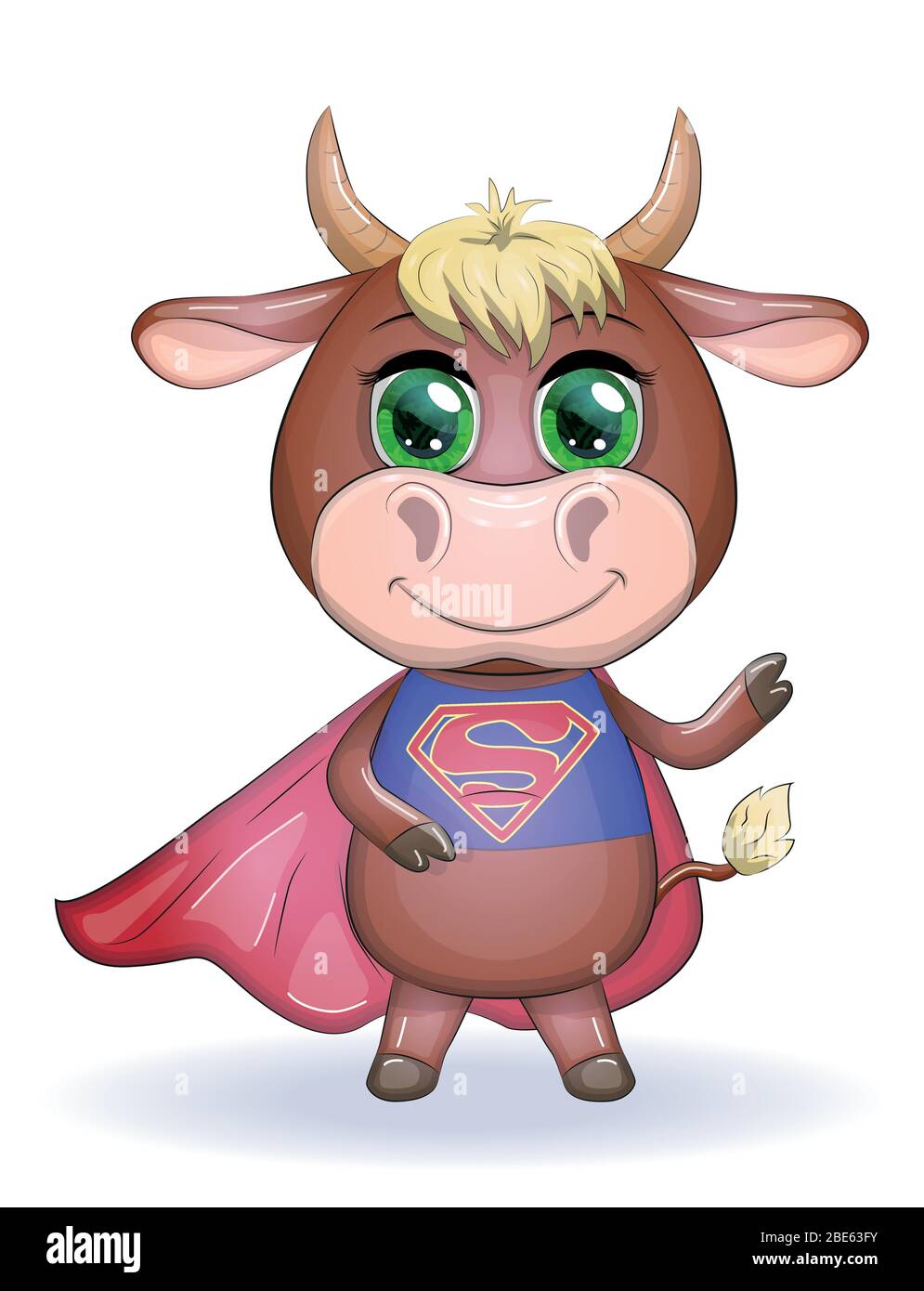 Cute cartoon cow, bull in a costume of Superman with a red cloak, symbol 2021 on the eastern calendar Stock Vector
