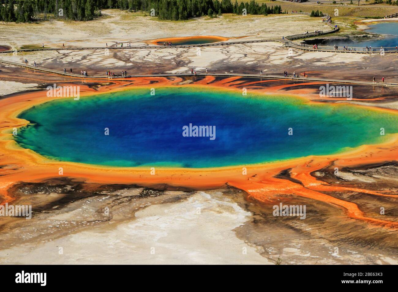Aerial view of Grand Prismatic Spring in Midway Geyser Basin, Yellowstone National Park, Wyoming, USA. It is the largest hot spring in the United Stat Stock Photo