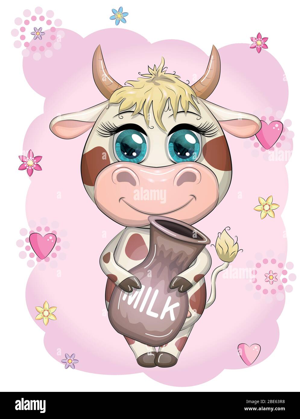 Cute cartoon cow, bull with a jug of milk, symbol 2021 on the eastern