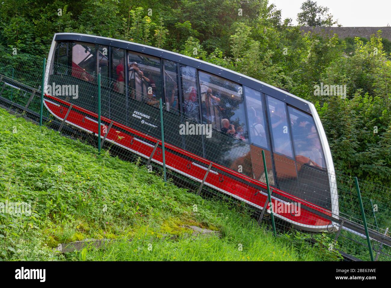 One carriage on the funicular railway ( Festungsbahn) to the Festung Hohensalzburg, (Hohensalzburg Fortress), Salzburg, Austria. Stock Photo