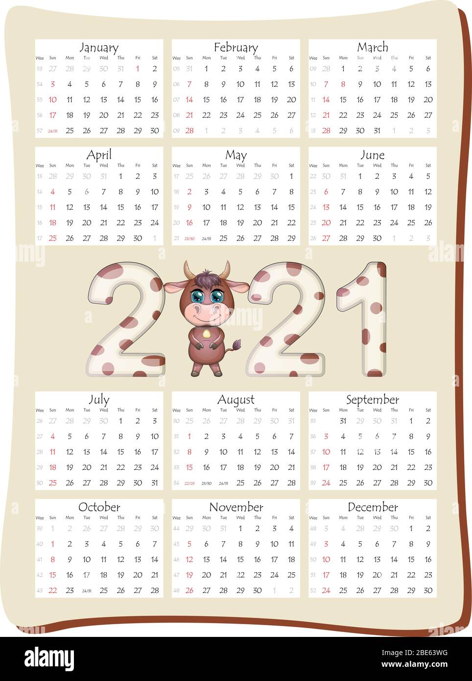 2021 Annual Calendar 12 Months Calendar Template In Vertical Orientation With A Beautiful Inscription 2021 With The Symbol Of The Year Cow Bull Stock Vector Image Art Alamy cow calendar august 2021