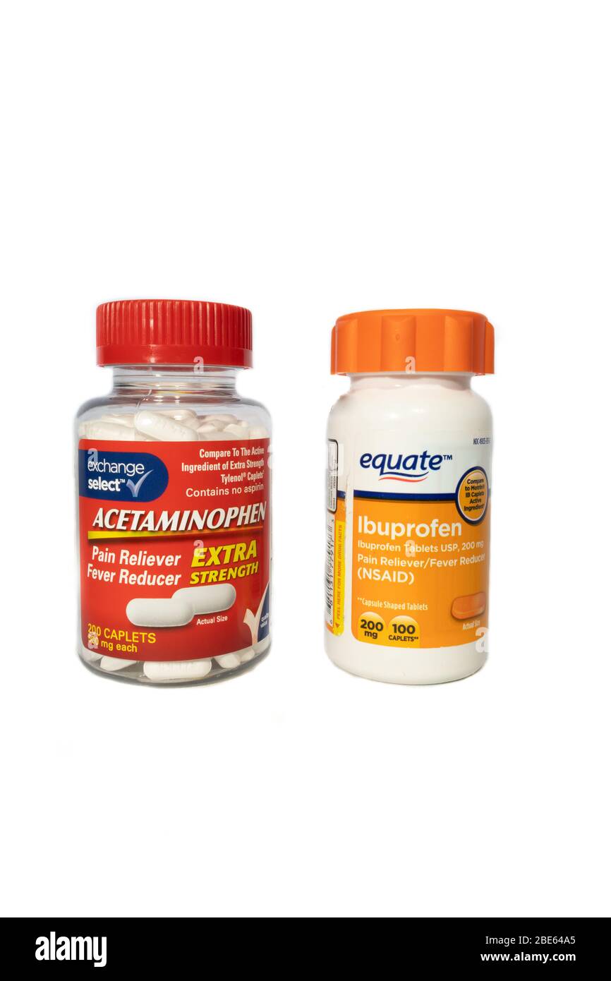 Bottle of acetaminophen and ibuprofen next to each other on a white