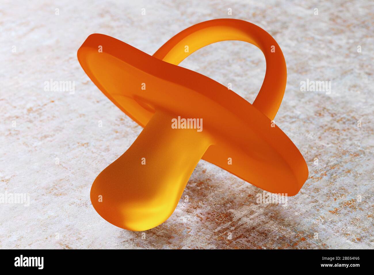 Close-up of natural rubber pacifier on rusty metal surface. Photorealistic 3D illustration. Stock Photo