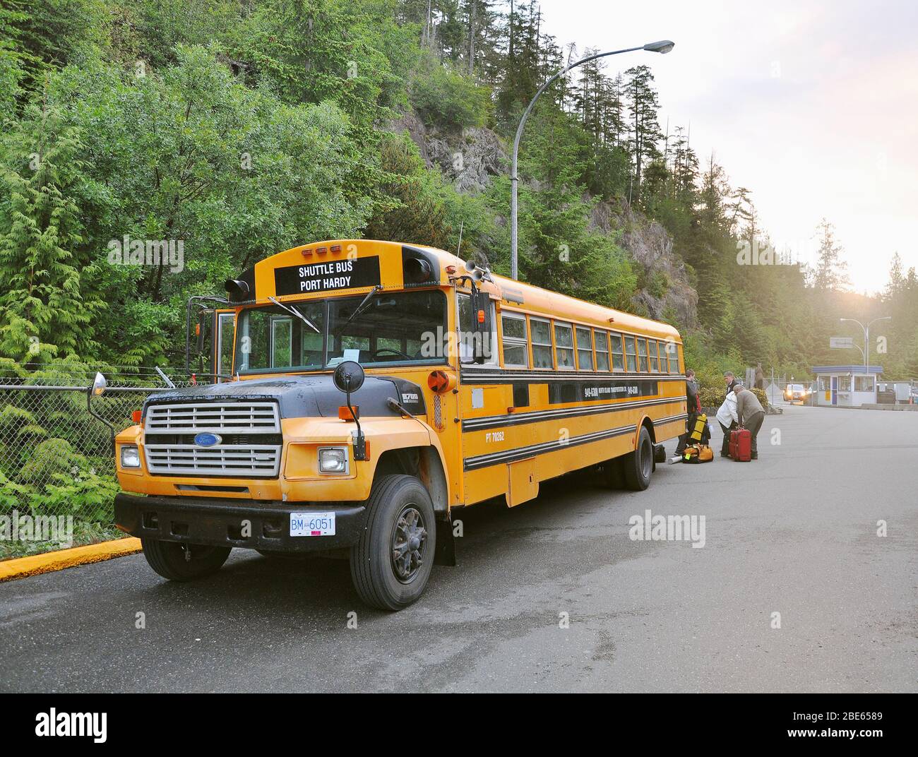 Shuttle bus stands in the port before the ferry to Prince Rupert departure. Stock Photo