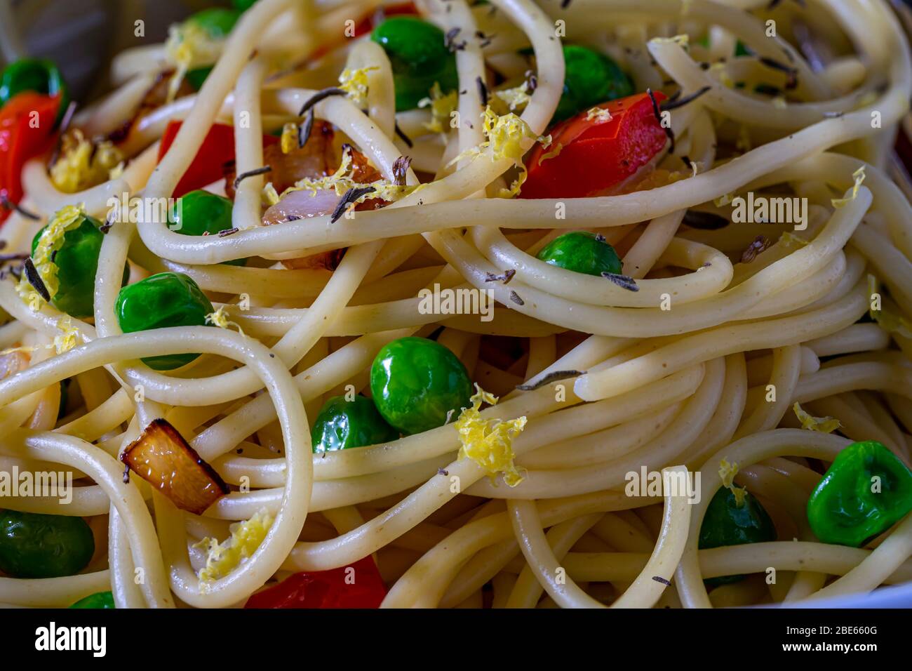 Vegan pasta bowl, above shot. Stock Photo