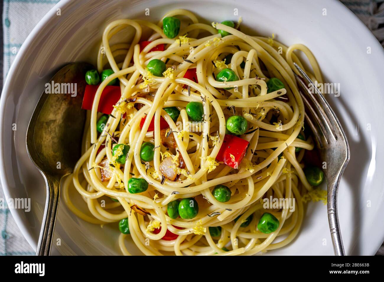 Vegan pasta bowl, above shot. Stock Photo