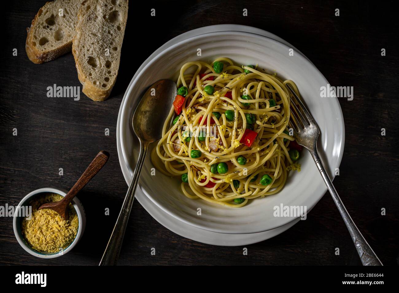 Vegan pasta bowl, above shot. Stock Photo