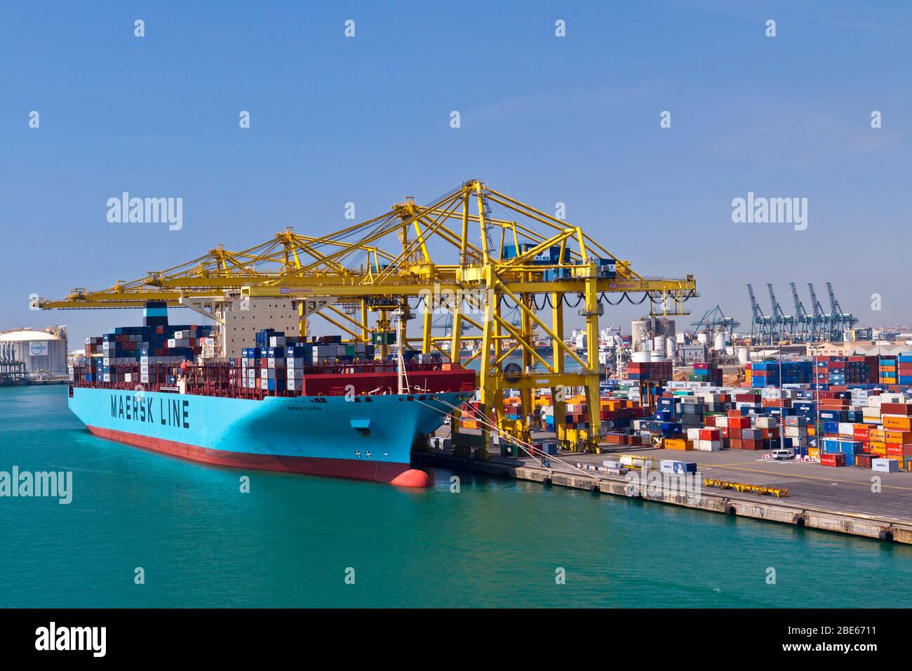 Cargo ships loading and unloading at the port of Barcelona, Spain Stock