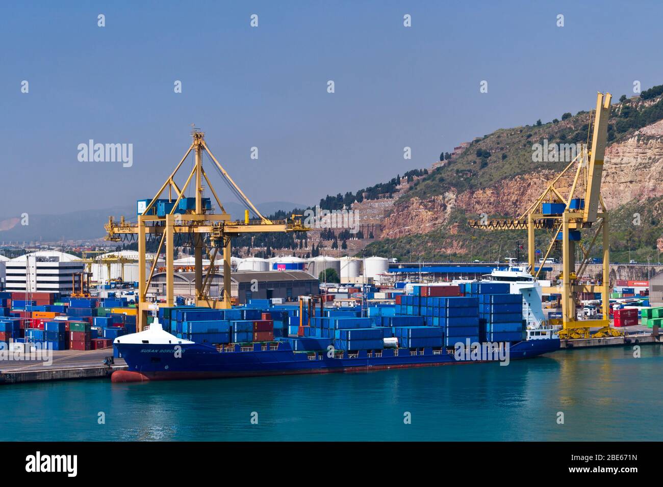Cargo ships loading and unloading at the port of Barcelona, Spain Stock