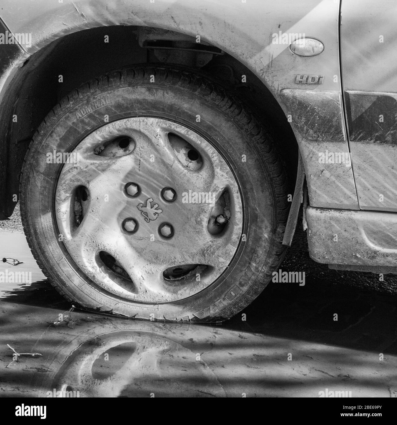 Gritty black & white of wheel / tyre and wheel arch of a Peugeot car, with Peugeot marquelion logo visible on hubcap. HDi but precise model unknown. Stock Photo
