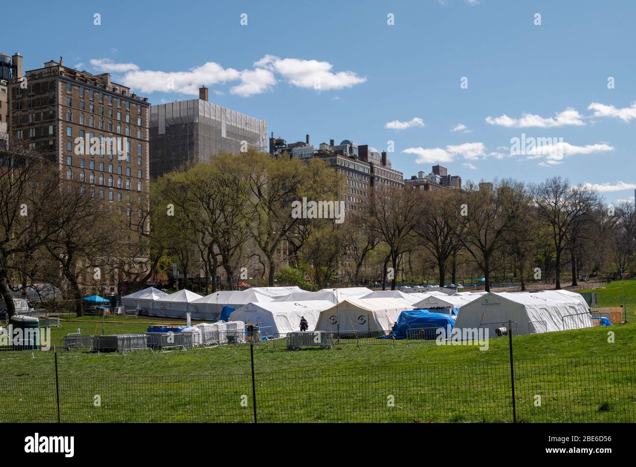 New York, NY, USA. April 11, 2020. Field hospital in the East Meadow of Central Park outside of Mt Sinai hosptial. The 14-tent hospital, built by evan Stock Photo