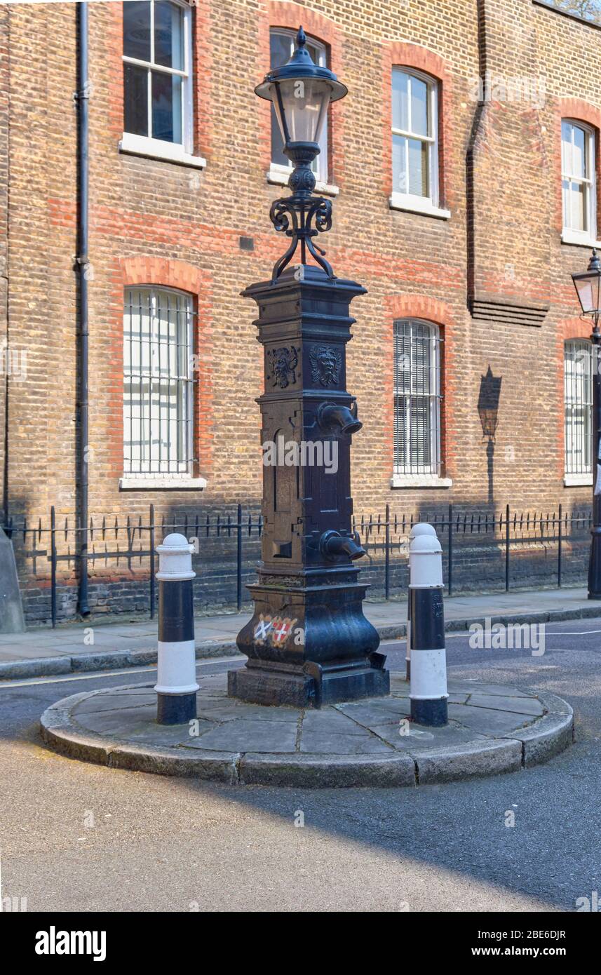 . Bedford Row Water Pump and Lamp Stock Photo