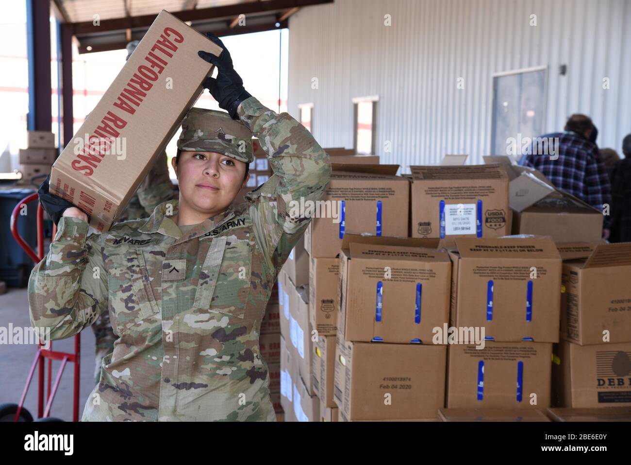 Arizona National Guardsmen deliver boxes of food aid to residents of Navajo County suffering from the COVID-19, coronavirus pandemic April 8, 2020 in Snowflake, Arizona. Stock Photo