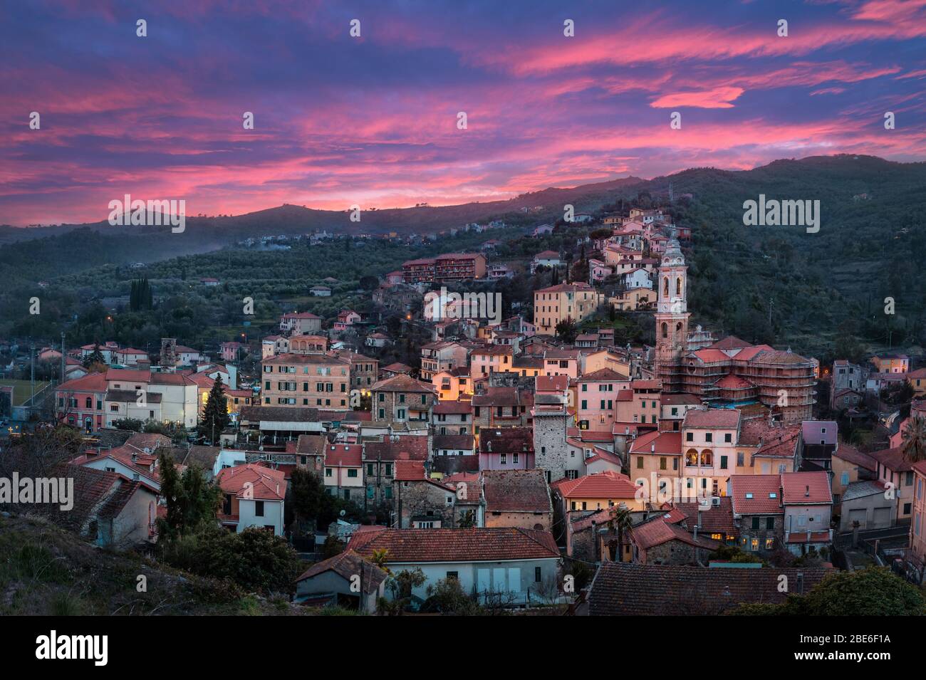 Panorama of Dolcedo at dusk - small town located in Ligurian Alps, Italy. Stock Photo