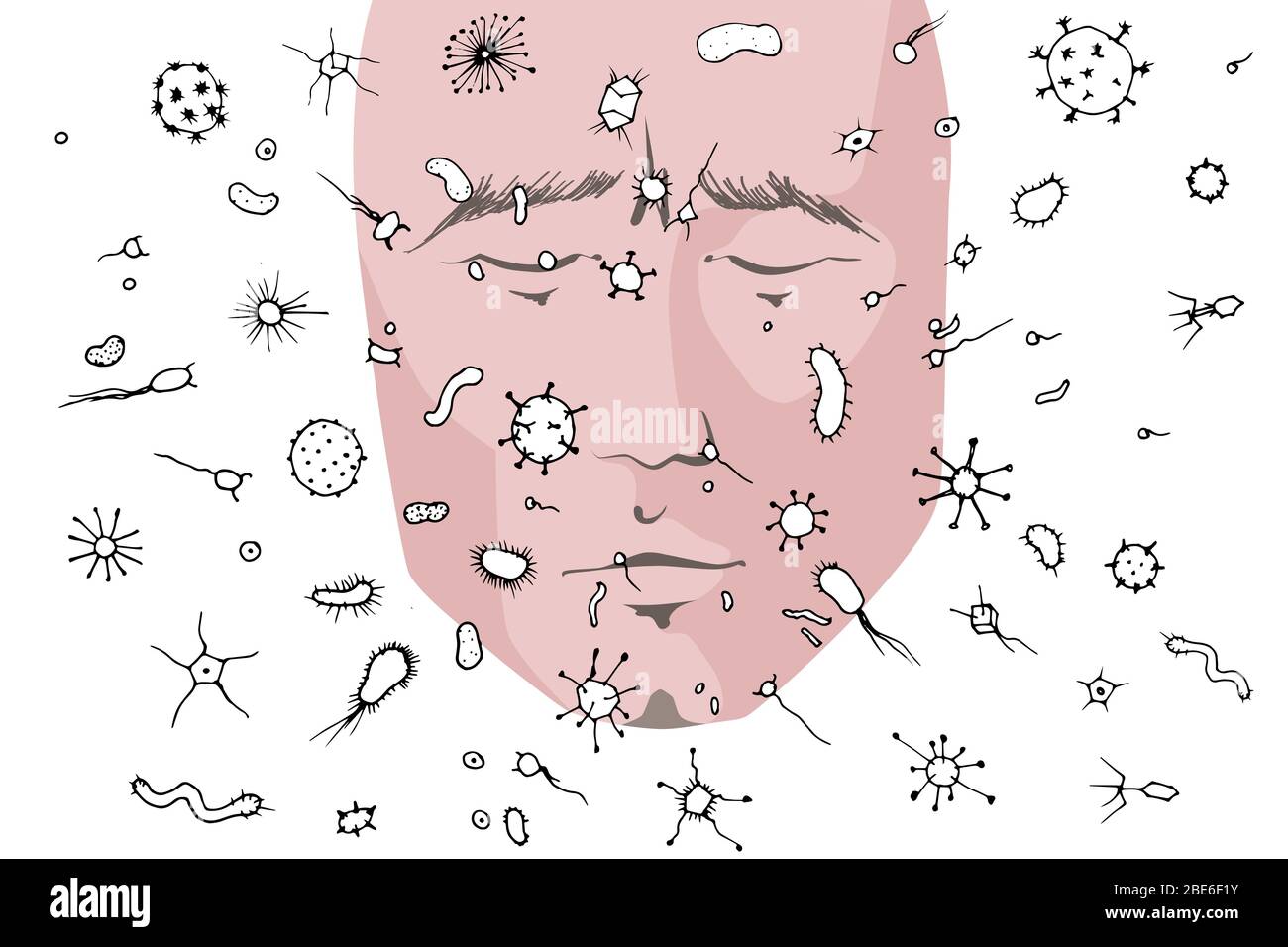 Lots of bacteria and viruses in the air and in particles, virus transfer by airborne droplets, concept. Human face and various bacteria and viruses. Stock Vector