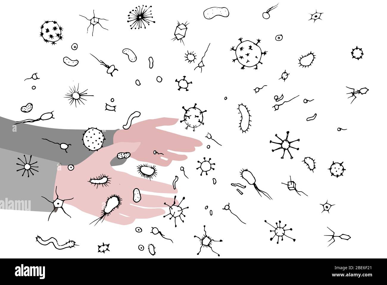 Lots of bacteria and viruses in the air and in particles, virus transfer by airborne droplets, concept. Human hand and various bacteria and viruses. Stock Vector