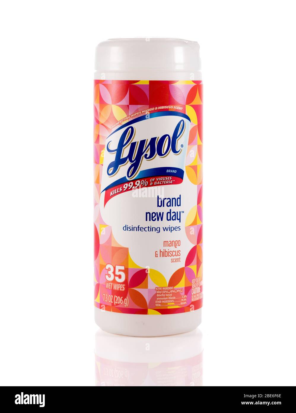 Morgantown, WV - 12 April 2020: Canister of mango and hibiscus Lysol disinfecting wipes on white background Stock Photo