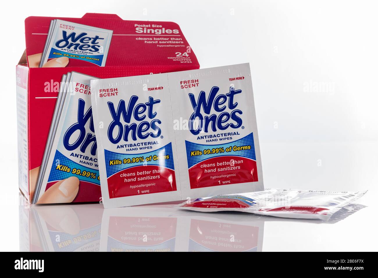 Morgantown, WV - 12 April 2020: Box of Wet Ones antibacterial or disinfecting wipes on white background Stock Photo