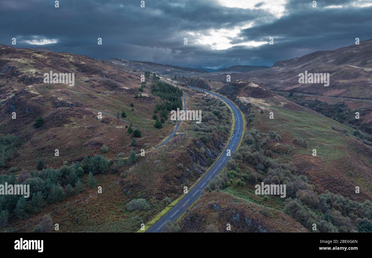 Aerial shoot over scenic road A890 on the North Coast 500 Route near by Auchtertyre in the Scottish Highlands Stock Photo