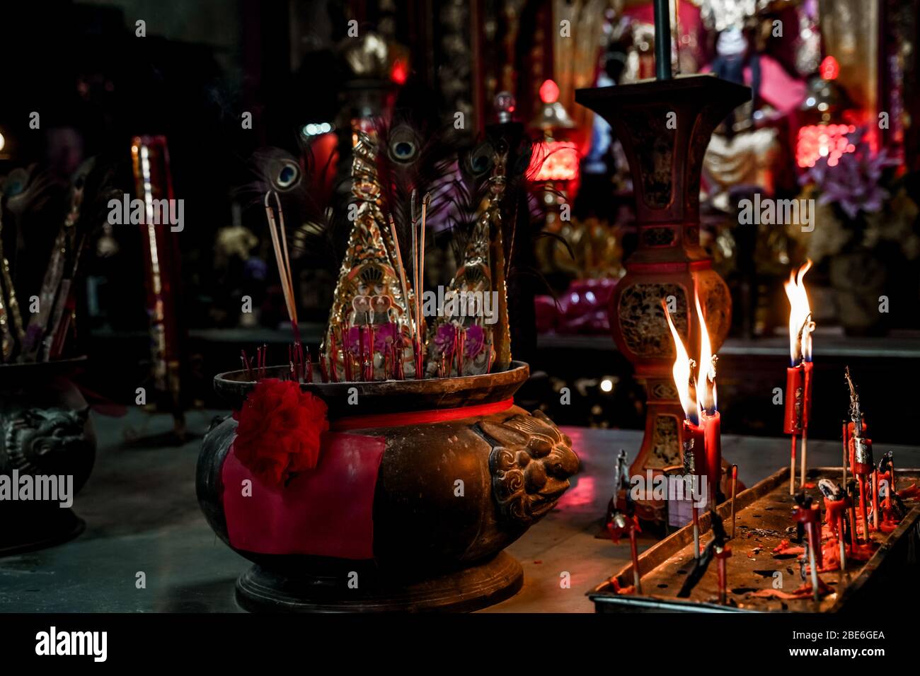 Incense sticks in old chinese temple. Asian traditional culture in
