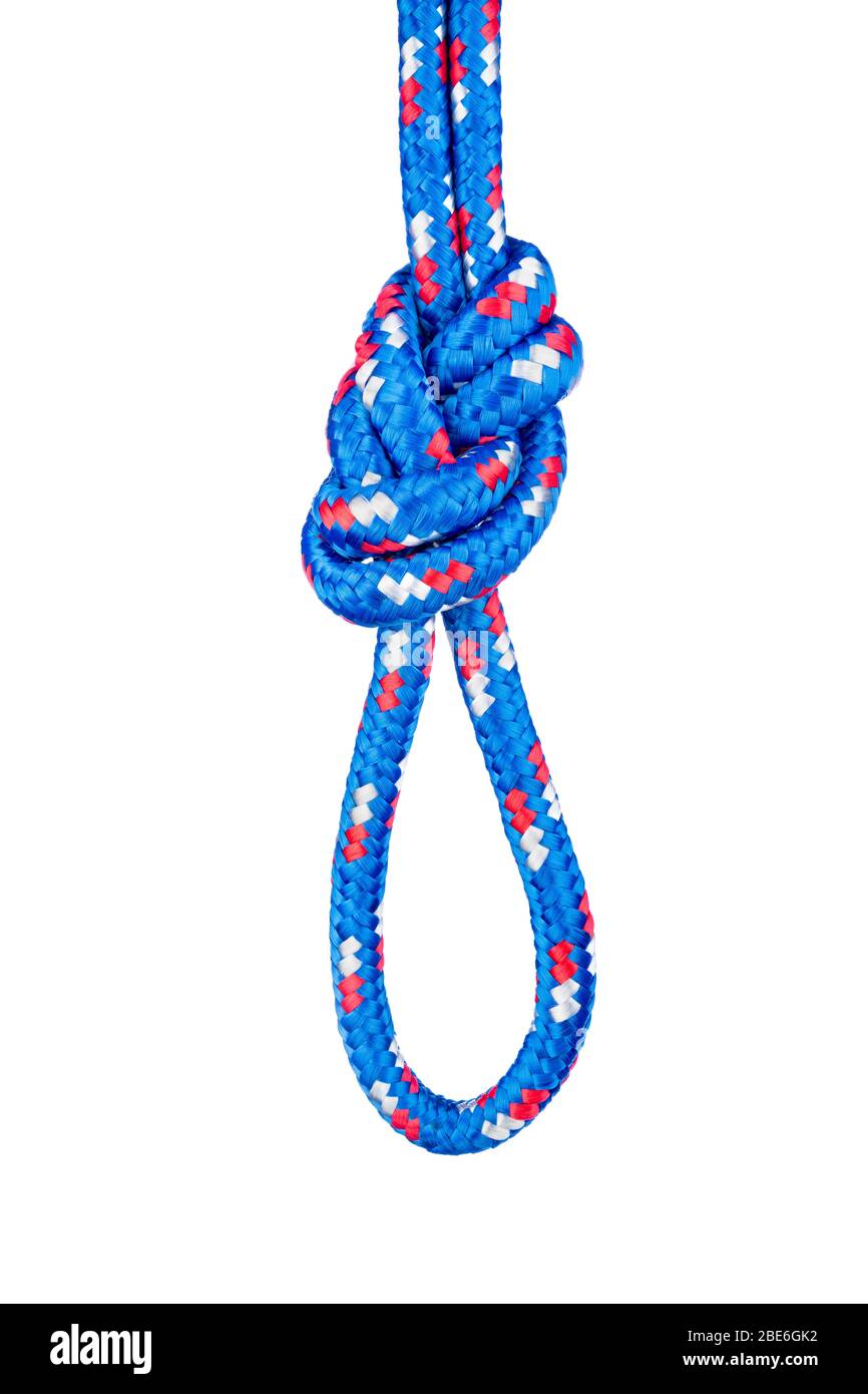 A double rope figure eight knot, also called a Flemish Bend, is commonly used in mountain climbing because it is strong, secure and easy to visually i Stock Photo