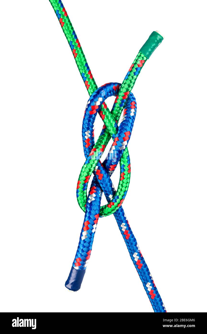 The Carrick bend is a knot used for joining two lines. It is generally used for thicker, heavier rope that is too large and stiff to form other knots. Stock Photo