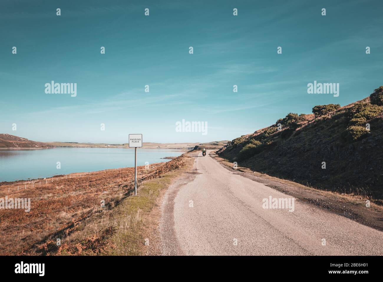 Passing place sign along scenic coastal road. Kyle of Furness in the North Coast of Scotland Stock Photo