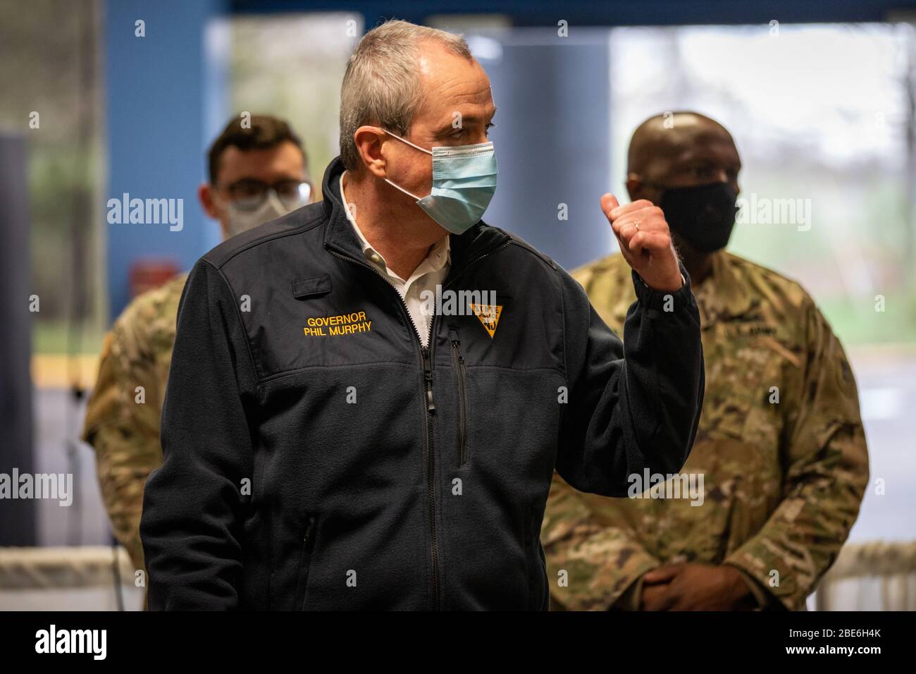 New Jersey Gov. Phil Murphy takes a tour of a Field Medical Station for treating COVID-19 patients at the New Jersey Convention and Exposition Center April 8, 2020 in Edison, New Jersey. Stock Photo