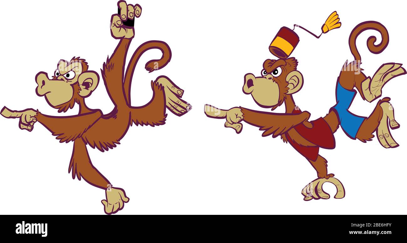Vector cartoon clip art illustration set of two angry monkey mascots, one wild, one domesticated in costume, one hanging and pointing, one jumping and Stock Vector