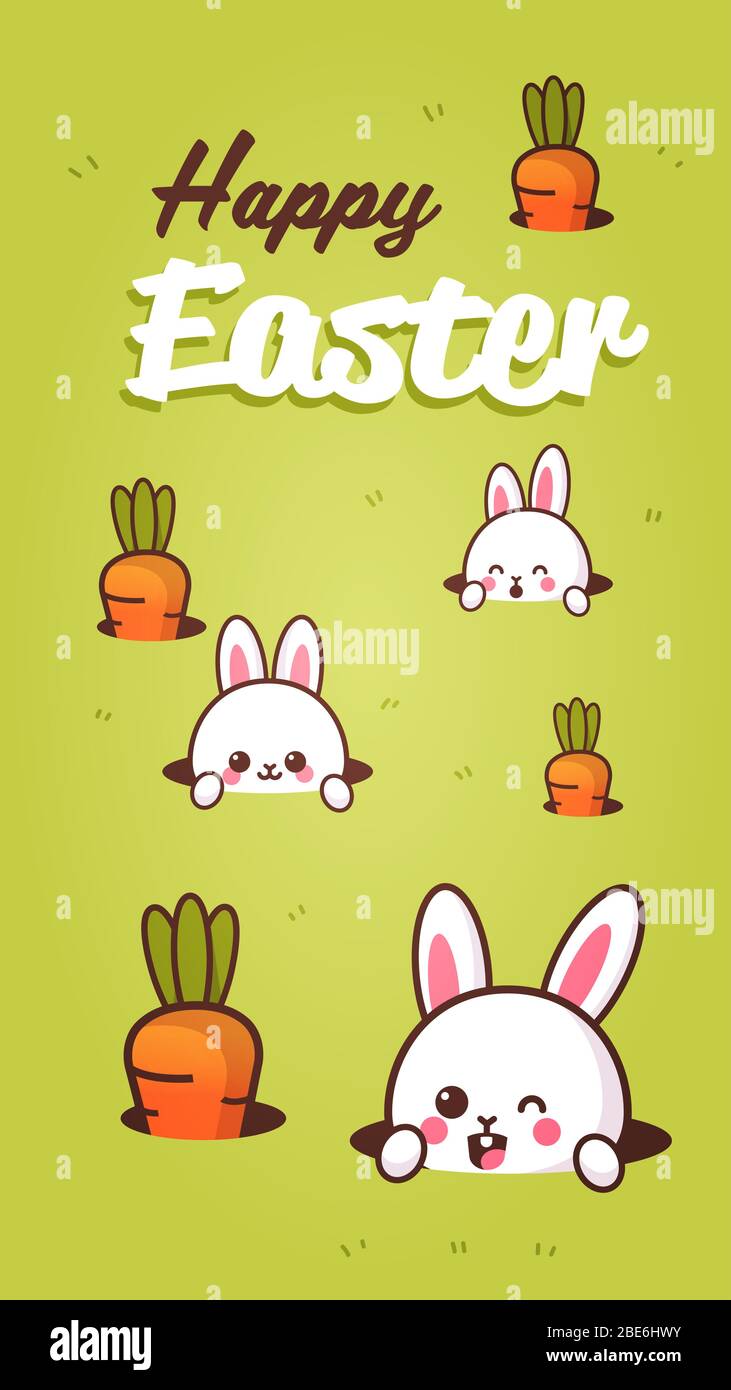 happy easter greeting card with rabbits looking from holes hand written ...