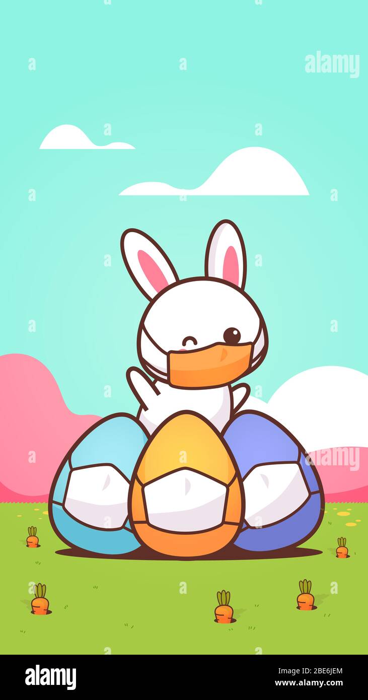 cute rabbit with egg wearing mask to prevent coronavirus happy easter ...