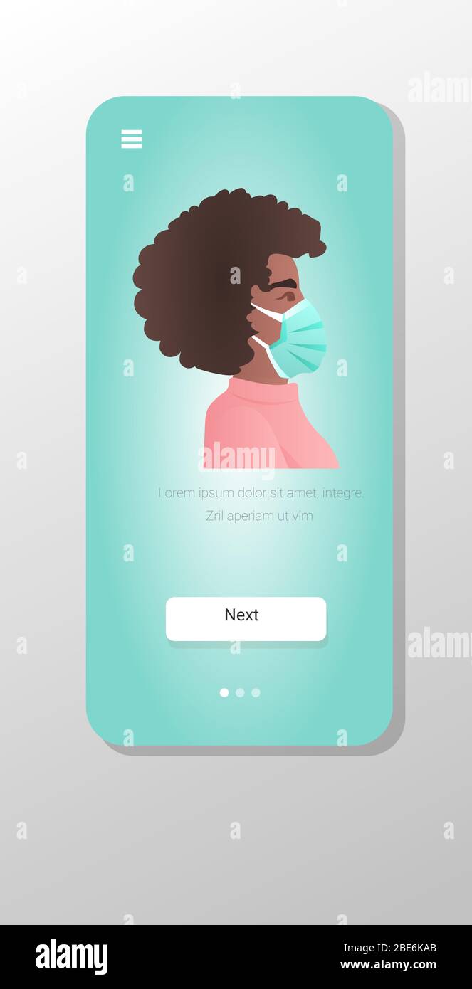 african american woman wearing protective mask against corona virus covid-19 protection stop coronavirus pandemic concept smartphone screen mobile app vertical portrait vector illustration Stock Vector