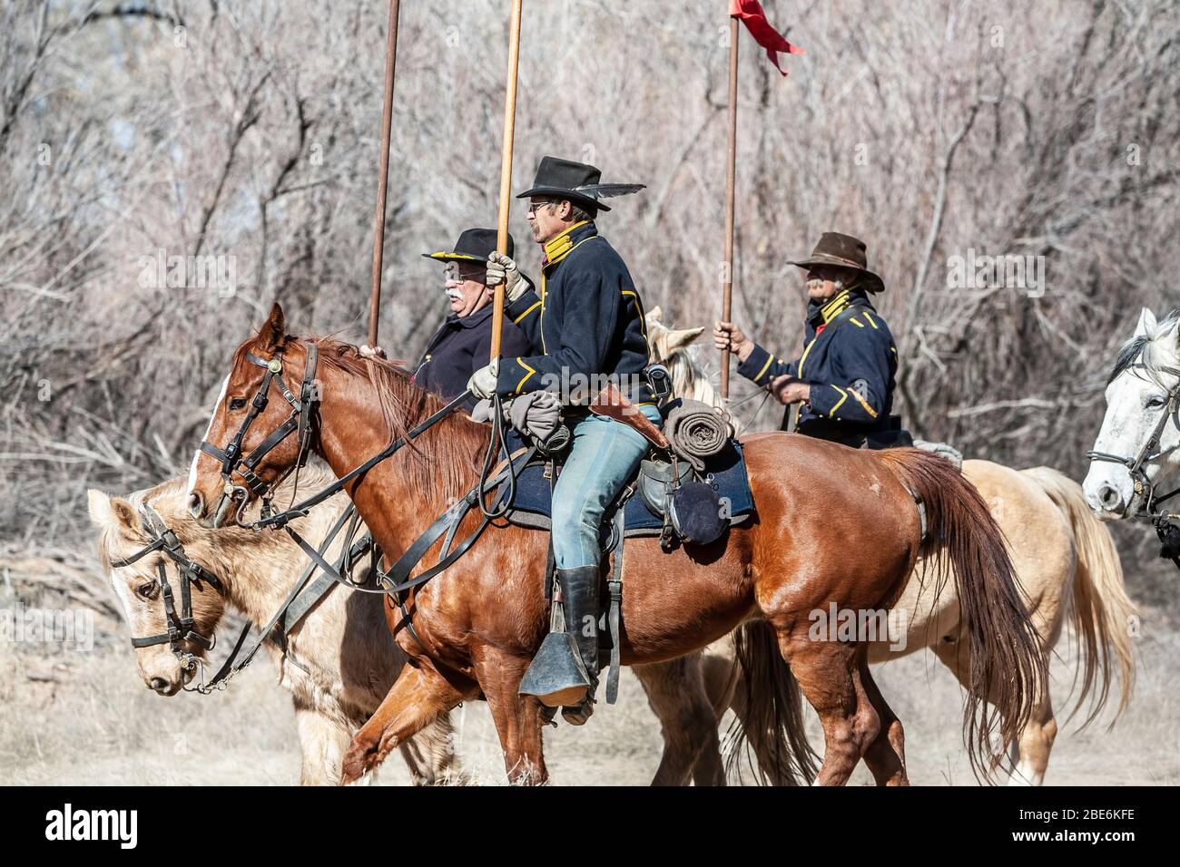 Union Army cavalry on the move, Civil War reenactment, near Socorro, New Mexico USA Stock Photo