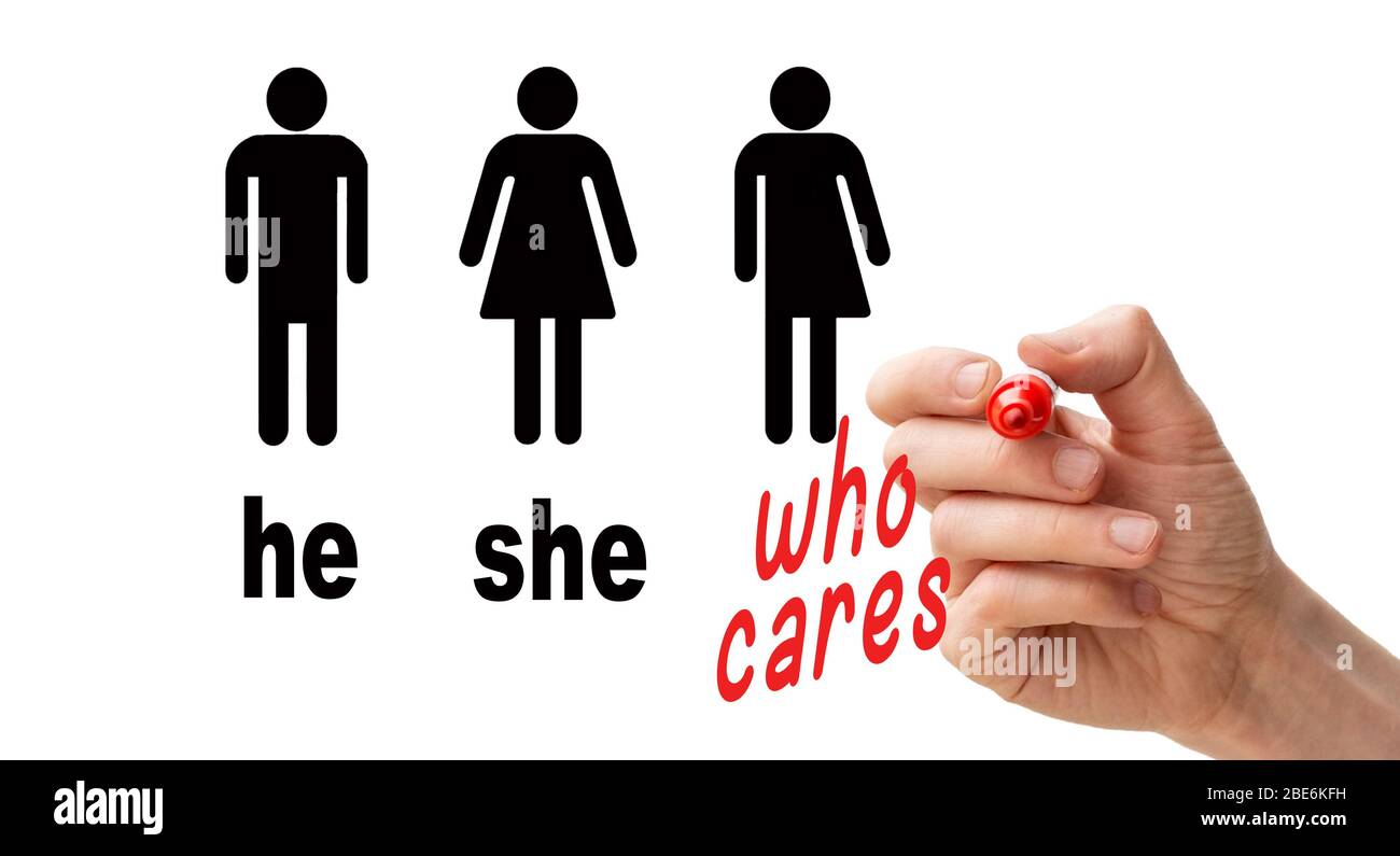 Gender neutral toilet sign concept. Words 'who cares' written with red marker pen Stock Photo